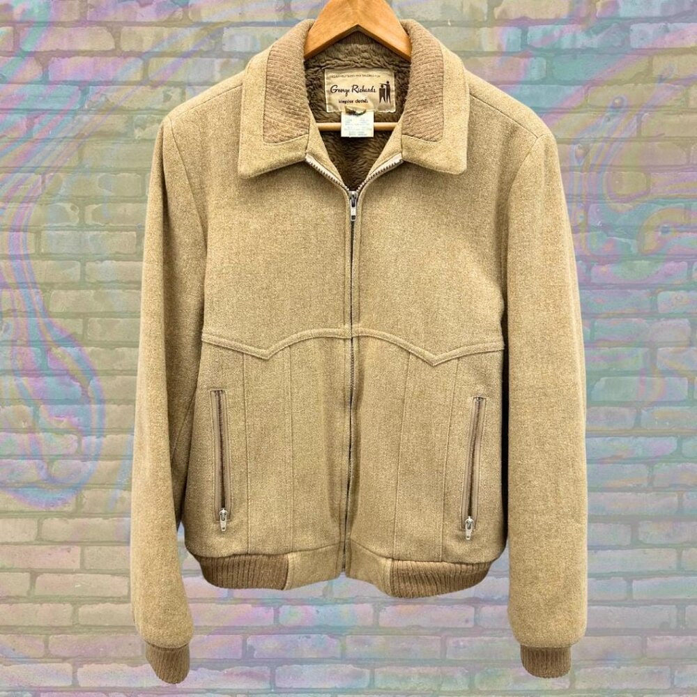 Vintage 80s George Richards Wool Jacket, Tan Zip-Up Coat Size Large